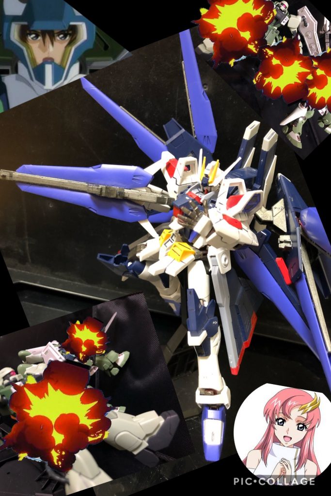 ラクス「腰背部に2基”シュペールラケルタ ビームサーベル“マウントしていますわ。2本繋げて使う事も出来ますのよ。それと両腕部に1基ずつ、計2基ビームシールドが装備されていますの。危ない時は使ってくださいね。キラ、聞いていますか？」
キラ「うおぉぉ！！やるしかない！やるしかないんだ！！」
ラクス「ハッスル気味の様ですわね。そのまま解説しますわね。腹部には1門内蔵式の“カリドゥス複相ビーム砲”が設置されてますわ。ストライクフリーダムと同等の威力を持つ装備ですわ。また、腰部に2門、“クスィフィアス4レール砲”が装備されていますわ。ストライクフリーダムのクスィフィアスをさらに発展改良した物で、不使用時にはAMBACユニットとしても機能していますわ。推進ユニットも内蔵してありますの。キラ、聞いているなら返事するのですよ。」
キラ「くそっ、やられてたまるかぁー！！当たれぇぇー！」