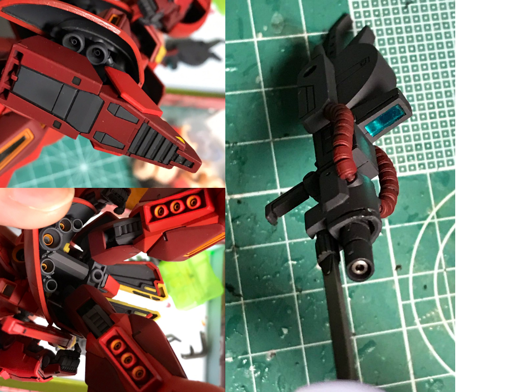 細かい改造は以下等
・足裏の肉抜きを埋めて塗り分け
・スラスターのディテールアップ
・ライフルにパイプとセンサーとマズルを移植