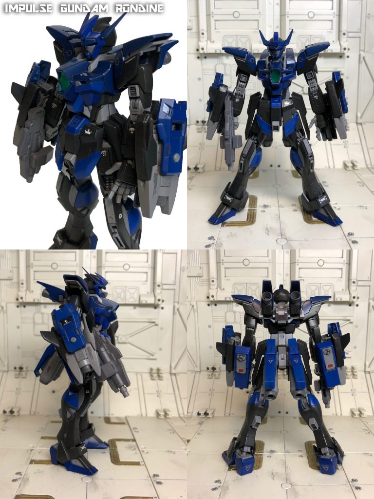 ## インパルスガンダムロンディネ
シルエットの追加ではなく本体の性能を向上させる改修が行われており、高い機動性と加速力をもつ。重要部位の装甲が強化される一方、多数の開口部からフレームが露出しており、排熱効率を上げている。武装は両腕に強力な複合ビーム兵器を搭載、敵機に肉薄して至近距離でビームを撃ち込む戦闘スタイルをとる。