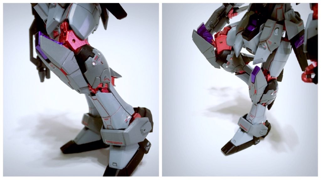 今回、塗装に苦労したフレームのメタリックレッド。可動させて、装甲が動くことで随所に赤くメタリックに輝き、半ツヤのグレー、ツヤ消しブラックとの対比がとてもいい感じです♪