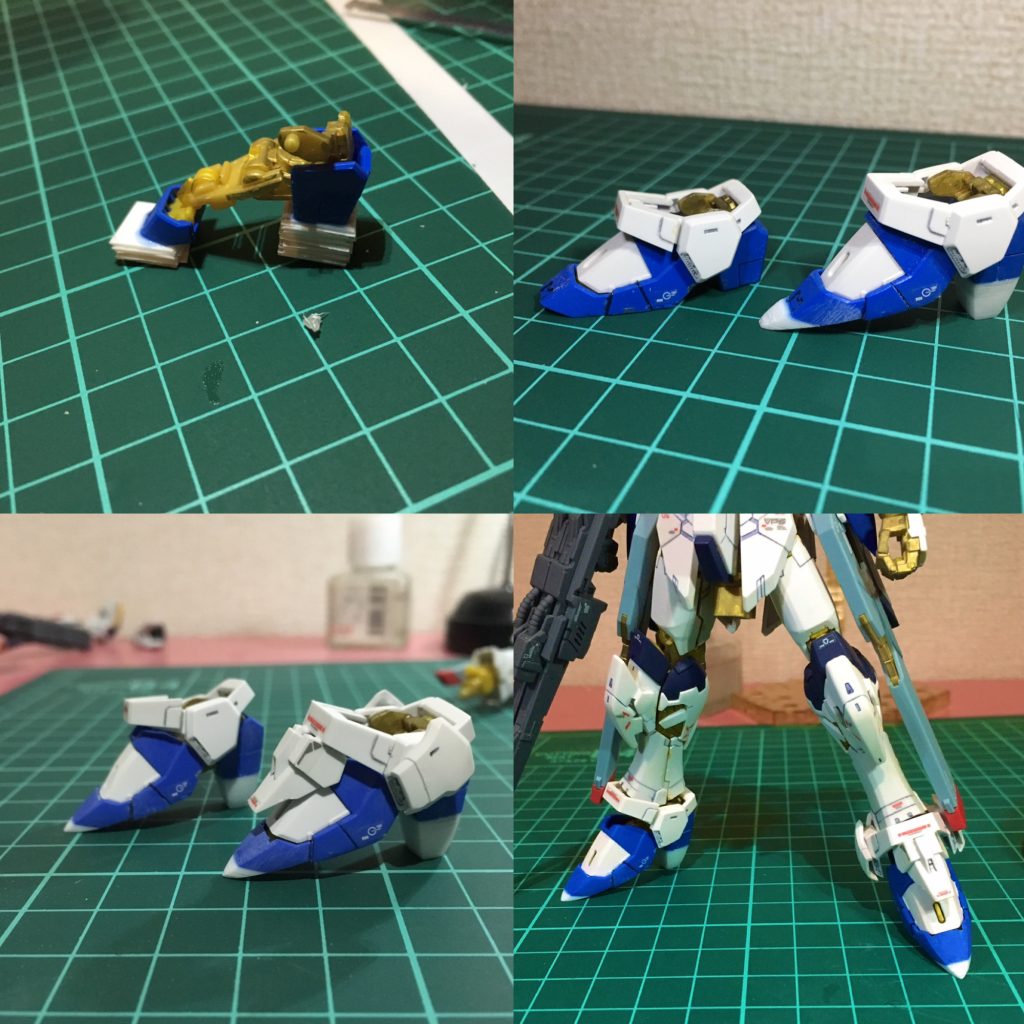 脚部の改修。RGストフリの足はやや短足な感じがしたので、かかと6mmつま先3mmプラ板で延長、ハイヒール化。アンクルガードに一部ウイングパーツ取り付け。これで短足なイメージが解消出来ました。