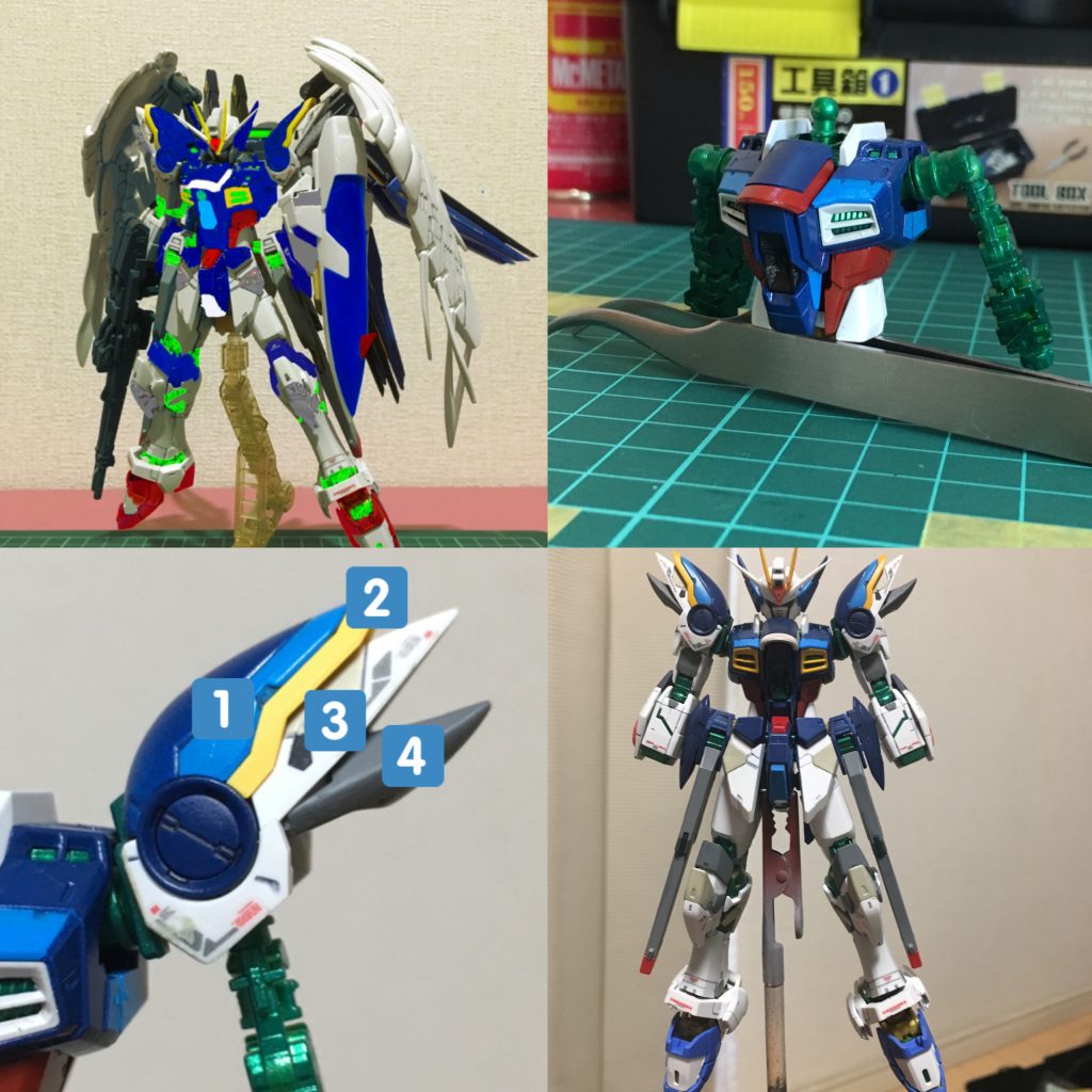 今回ミキシングがシンプルな事もあり、塗装で情報量を増やす為に塗り分け箇所を増やしカラーリングもウイングに寄せる方向にしました。フレームは大好きなサイコフレームカラーにし、フェイズシフト装甲ではなくオラ解釈のサイコシフト装甲に変更←w