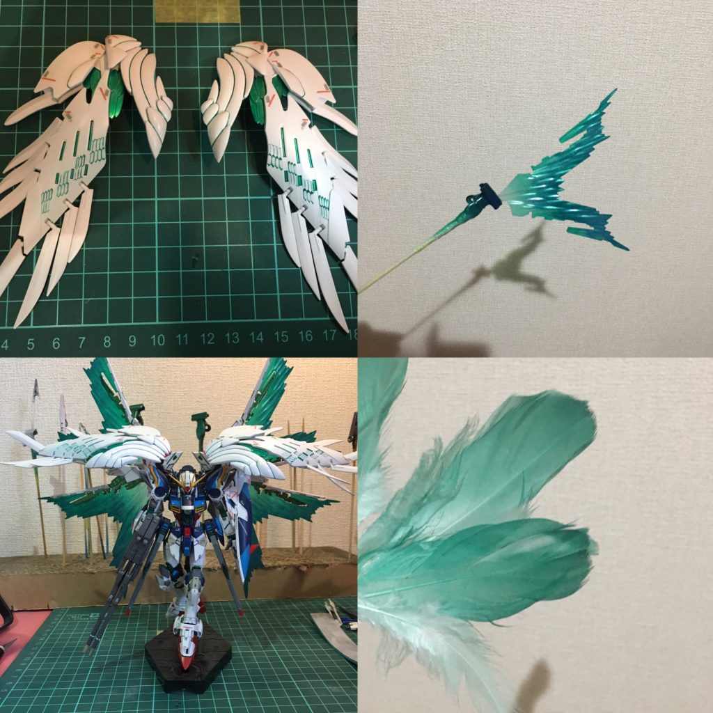 各パーツとエフェクトなどをサイコフレーム機らしく見えるよう各所にメタリックグリーンで配色し、自作のセラフィムフェザーも淡く色入れしました