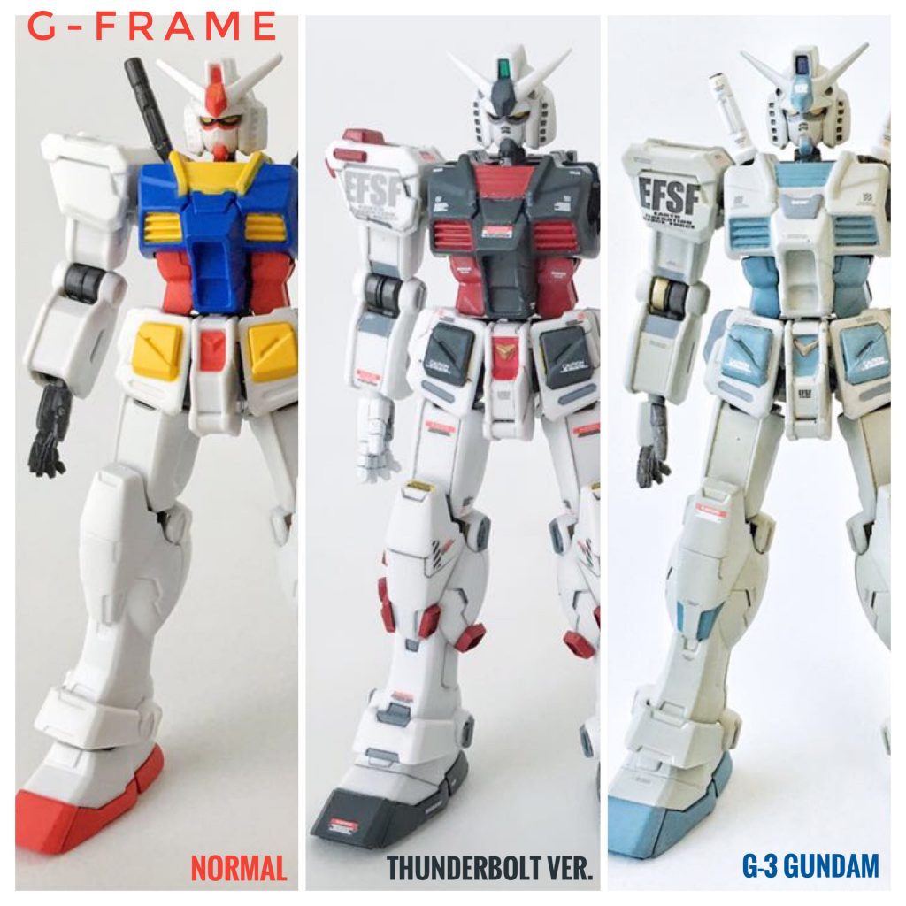 Before & After素体→サンダーボルト仕様化→G3ガンダム化【製作工程】①ゲート跡とパーティングラインを処理して、パーツ洗浄。②頭部アンテナを先鋭化。③ビームサーベル先端を切除し短縮。④ラッカースプレー(GSIクレオス Mr.カラー スプレー S11 ガルグレー、タミヤ エアーモデルスプレー No.19 AS-19 インターミディエイトブルー)とエナメル塗料により全塗装。⑤コピックモデラー0.02のウォームグレーでスミ入れ(一部ブラックも使用)。⑥ハイキューパーツ 1/144 RB01コーションデカール グレー&オレンジとガンダムデカールNo.114 HG 1/144 機動戦士ガンダム サンダーボルト汎用1を使用してマーキング。⑩GSIクレオス Mr.トップコート 水性プレミアムトップコート つや消し スプレーで仕上げ。