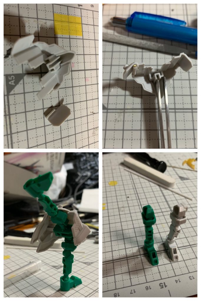 サイドアーマーの可動化とCSフレームの干渉箇所切除で股関節可動域改善。腰を落とした姿勢が取りやすくなりました。ハイキックもできるぞ。
この零丸の長過ぎる脚を誤魔化すためにポーズは重要…!