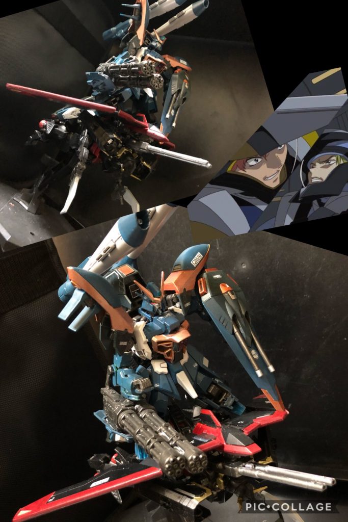 オルガ「オイ乗せてけよ！」
クロト「なんだよ〜勝手に乗るんじゃねーよ！」
oyz「変形ですが、変形方法は原作に沿ってます。ただどう見てもカッコ悪かったので機首に2連装52mm超高初速砲が付けてます。 
両肩に装備されているマシンガン、“76mm機関砲M2M3”は構造上おかしな場所についてたんでオミット！
どう見ても重そうなカラミティを載せて飛べます。驚異の科学力！」
クロト「もう降りやがれ！」