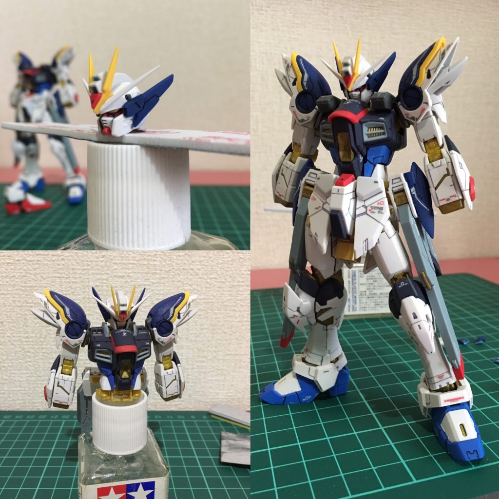 頭部の改修は、ウイングの特徴的な側部分を取り付け、顎と頬を1mm程短縮orシャープ化、肩のパーツをウイング変更、そのままではつかないので、内部を削りこみ。サイドアーマーに、ウイングのパーツを接着