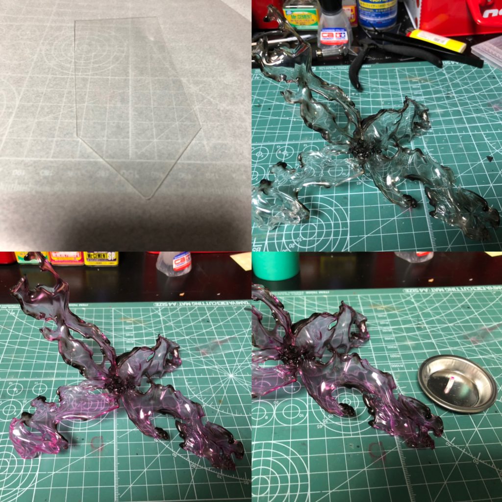 シールド代替え案エフェクト作成。
パテとプラ板使ってエフェクト作ったことはありますが、プラ板炙りのみは初挑戦でした。失敗は当然だと思い、まずは要領覚えるために何度もやろうと、プラ板切り出しました。
左上の形に何枚か切り出し炙り始めるものの、加減がさっぱりわからず思いもしない方向へグネグネ曲がる、焦げる、火がつく。4回目で失敗したものたちを眺めてたら…これはこれで味があるのではと。
合体させてみようと、右上の形に。焦臭と煙吸いすぎたのかもしれません。
更に色つけてみようと思い即実行、GXクリアーピンクで塗装してみたところ、なんだか焦げが噴き出る悪のオーラみたいで禍々しく感じました。
見れば見る程闇落ちしそうになりながらも3ミリ穴を開け本体にはプラパイプで接続出来るように、胸パーツにも穴あけ。
スクリーミングニンバスもHアイズに置き換えプラパイプ内に収納、画像左下の塗料皿に乗せてあるのがそうです。差し替え式にしてます。
撮影中に2回なくなる…。