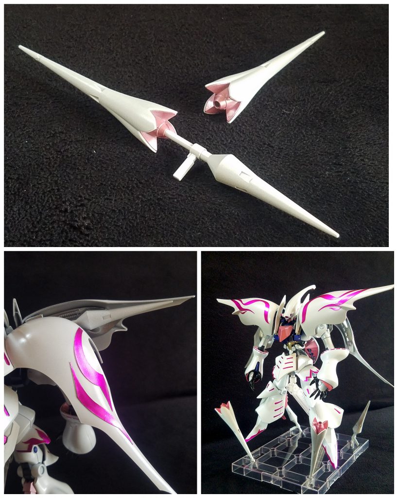 武器紹介ランスビット×2もちろん近接武器として使いますが、分割させると花柄に見えるのでそこからビーム出しちゃえという設定( ̄▽ ̄;)使わない時はバインダーに収納できるようにしました。ビームサーベル×2キュベレイの標準装備ですね(u_u)クロー両手にバルバトスルプスレクスの手を使ってます。
