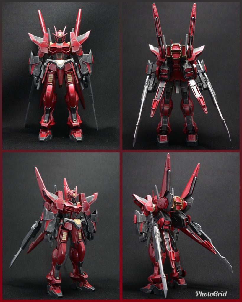 素立ちを各アングルから。
バックパックは、インパルスフォースシルエットとM1アストレイを併せて、稼働アームにフラガラッハ３改 ビームブレード×2を懸架している。頭部をOOダイバースカイから、肩とビームシールドをアメイジングストフリからミキシング。