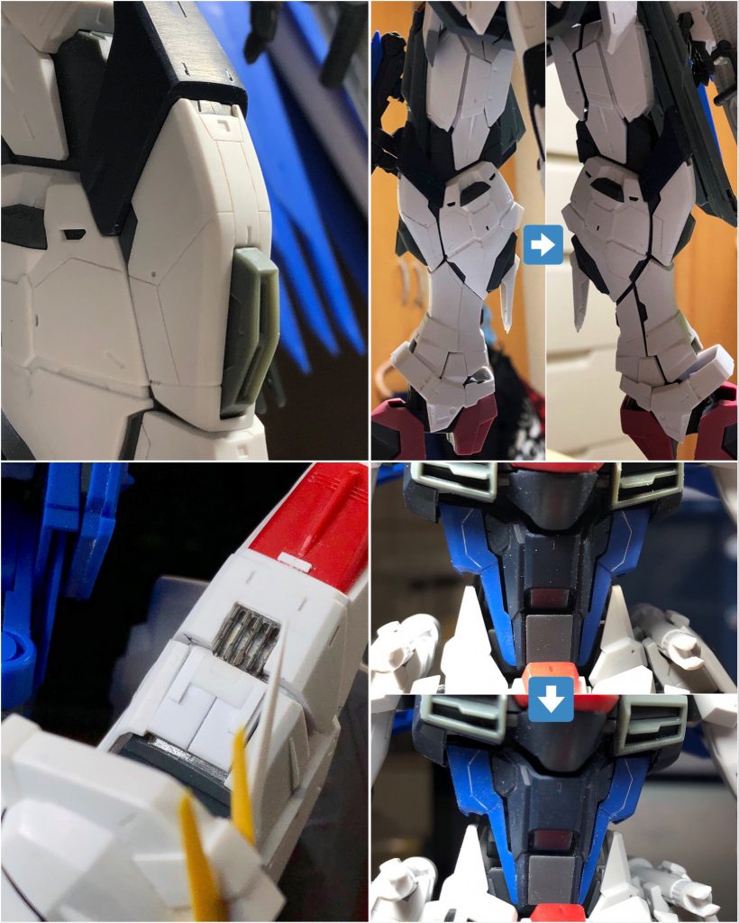 各部の改修作業(一部抜粋)

左上:足周りを中心にスジボリによるパネル分け表現

右上:装甲展開＆フレーム露出

左下:肩パーツ上部は開口し、プラ板によるフレームパーツ追加とエッチングパーツによるしいたけを設置

右下:装甲展開に追従する形として、腹部のプロポーションも変更
