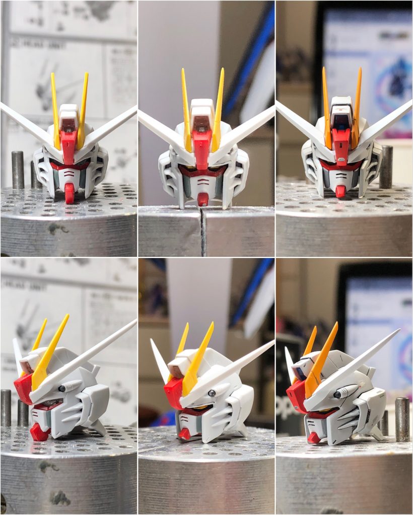 ガンダムは顔が命

という事なので頭部は徹底改修しました
左から、元のデザイン→改修後→塗装後
元キットはブサイk…馬面感が凄かったのでとにかく小顔化に努めました
個人的には満足のいく仕上がりになりました