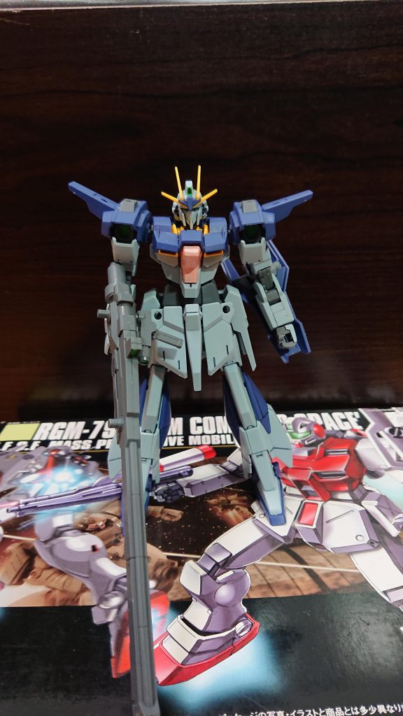 フロントビュー
元となったC型はリ・ガズィカスタムをベースにしているという設定で、ちゃんとした変形ができます。(今はBWS装備していませんが)
713部隊で改修した際に、コックピットにサイコ・フレームを搭載した上に、アニマシステムの最新型を搭載しているという設定です。あと、パーツの大半をジェスタと共用しています。その為性能は改修前からかなり向上してます。