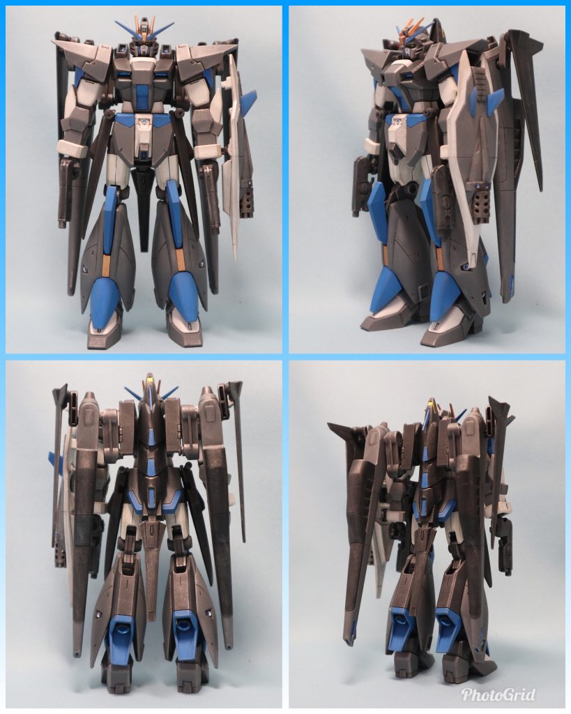 素立ちを色々な角度で。アムフォルタスプラズマ収束ビーム砲の可動部にディスティニーのバックパックパーツ使い2段ボールジョイントでかなり自由に動きます。また可動範囲が大きなり脇に構えるポージングがかなり楽になりました。リガズィ脚部のサイズが少し大きかったですが、腕部をGバウンサーに変更してバランスが良くなったかと。また肘関節可動も併せてよくなってます。