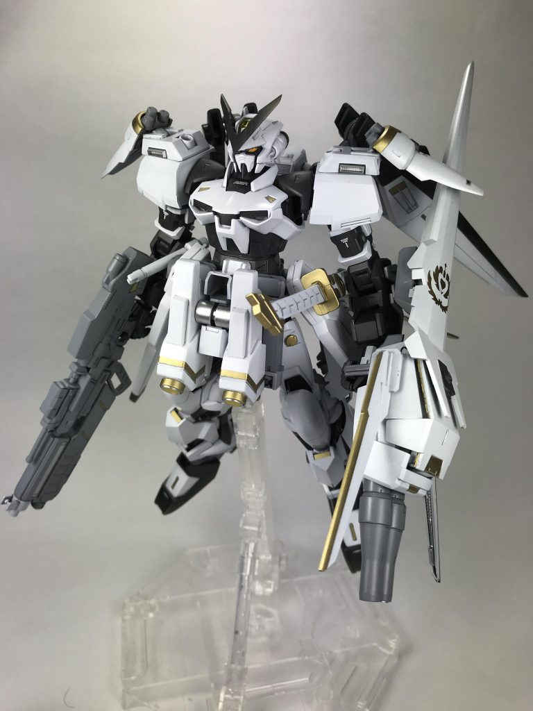 ガンダムアストレイをベースとし、主にストライクフリーダムガンダムの武装を取り付けられた機体

  機体が完成した際に、搭乗者が着用する制服の色に倣いホワイト・ブラック・ゴールドに塗り替えられた