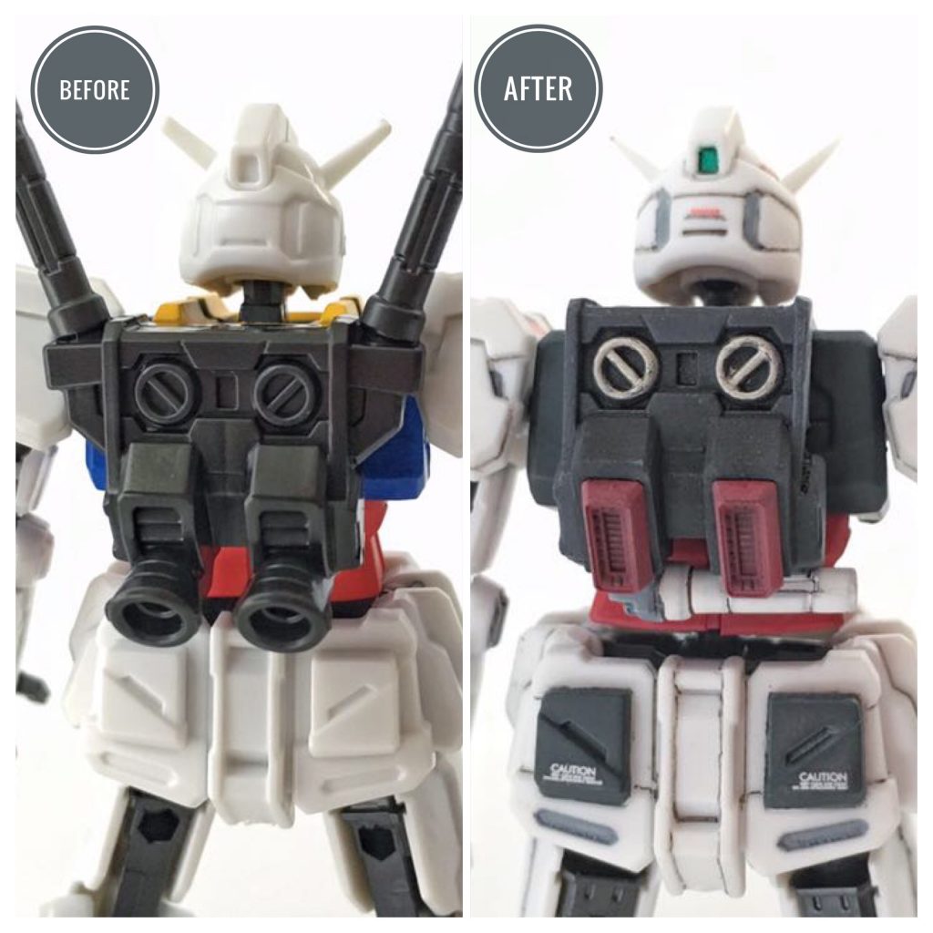 Before & After・バックパックビームサーベルとバーニアを切除。ビームサーベルはバックパック下部に移植。バーニアの代わりに角スラスターに置き換え。