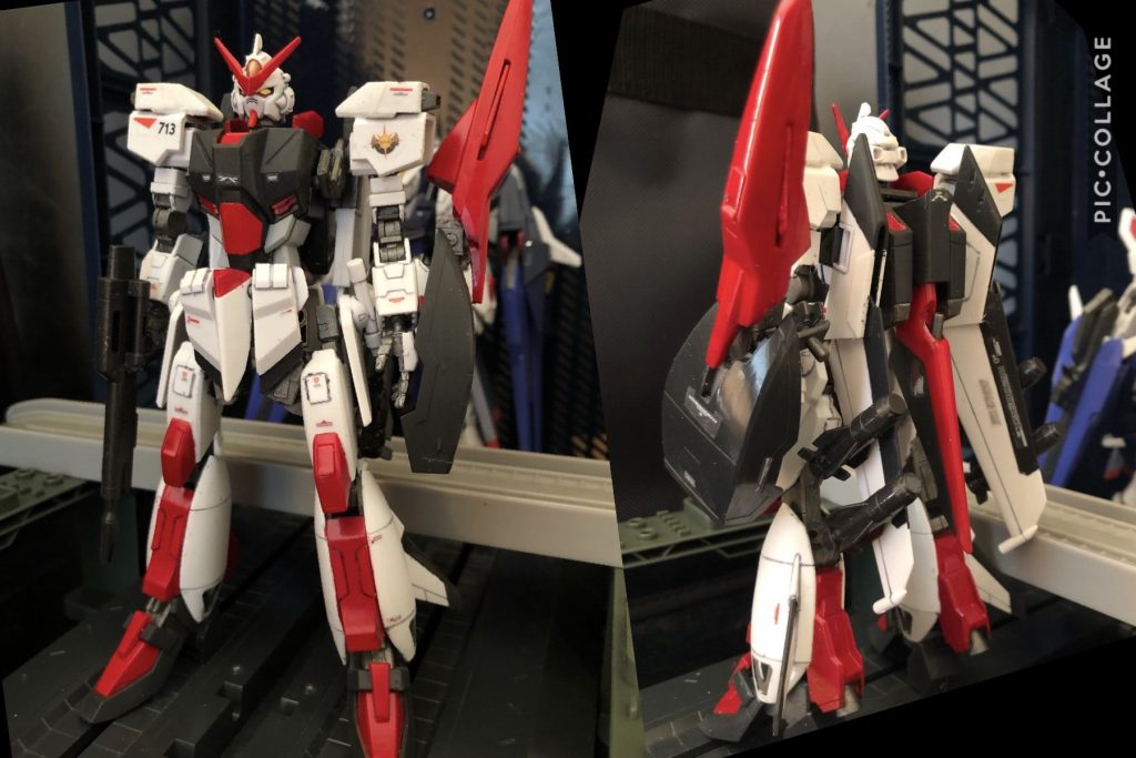 oyz「まずは、外見からかなあ。今回かーなーり手を加えてあって、腕なんか丸々、ビルドストライクと交換しちゃいました。」
マユラ「あ！ホントだ〜！」
oyz「肩の取り付け位置もだいぶ変わっていて、元のキットよりも上部に付いてるのだ。それでも印象が弱かったので肩上部にスラスターを増設した。という訳で、キットからは肩パーツしか使っていないのだ。
アサギ「たしかにそうねえ。」
「頭部パーツはそのままだが、首回りに襟を付けて頭周りの印象を強めにしたよ。首が短いと感じたので延長もしている。」
ジュリ「何の為にです？」
oyz「ムラサメは胸部がZガンダムの様に上に可動して可変する。そのギミックは素晴らしいが、そのギミックの為か肩が一直線で非常にオモチャっぽい....超合金っぽいのだ。とはいえギミックはそのまま使いたかったので、周りのパーツで印象を変える作戦だよ。」

oyz「脚は基本的にそのままだが、可変ギミックの関係もあり、取り付け位置がかなり下になっている。そこで、フロントアーマーの大型化とサイドアーマーの取り付け位置変更を行っているのだ。」
ジュリ「可変ギミックってどうなってるのかしら？」
oyz「それは後で見せるよ。脚はだいぶアッサリしてる事もあって、裏にスラスターを増設してるよ。」