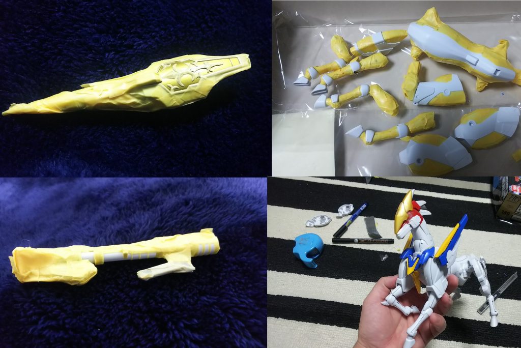 塗装はすべてマスキングで対応しました!2度とやりたくないです!汗
エングレーブ模様はステッカーの上にプラバンを張りマスキングテープを貼ってシールに添ってカットし、凸凹があるので2度セット切り出しそれぞれの端からあわせました!
イマジンシュナイダーは風雲再起にV2アサルトバスターの外装を切り貼りしてミキシングしています!