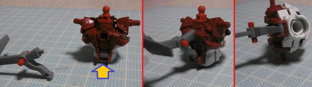 シビリアンのバックパックはそのままだと使えないため、アストレイ側を加工。本来は支柱を取り付ける用バーを切り落とし、そこに挟み込んでいます。上側は３ｍｍ軸じゃないので添えるだけ。
この状態では軽量で問題ありませんが、スラスター等を付けると重くなり、外れ易くなります。バックパック側の挟み込み箇所に塗膜を作り、厚くして外れ難くしています。しかし重量の問題はそのままなので、接着も視野に入れて検討中。その場合換装できなくなりますが