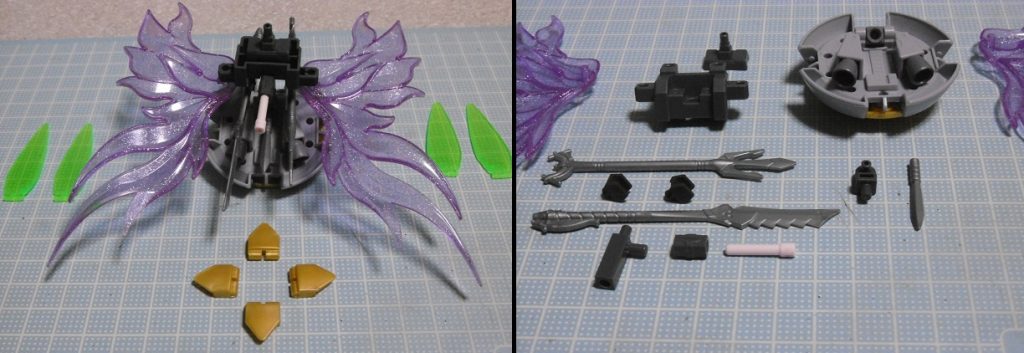 バックパックの【天神】は、このような構成になっています。格納武器は4種類までで、苦無とグリップ以外は自由選択
■基部(HGBC パワードアームズパワーダー)
●シールド(HGBF R・ギャギャ)
●エフェクト(HGBF ディナイアルガンダム)
▲ジョイント(HGBC スカルウェポン+バトルアームアームズ)
▲武器保持パーツ(HG ガンダムバルバトスルプス)
苦無の格納場所はギャギャシールド接続部の下(バトルアムアムジョイント真下)になり、刃を隠し持つ意味から【返忠】の名が来ていたりします