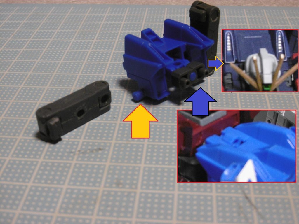 次にビルドブースターのボールジョイント部（レールガンが付く所）左右２ヶ所分を、ＰＣ内径と合致するよう丁寧に削り込み。やり過ぎると固定できなくなります

本体との接続には付属ジョイントを使わず、ＨＧＢＦビルドバーニングの拡張用ジョイントに。付属のを使った場合、段差が出来てしまいます。正面から見てブースター側のダクトが正面かつ平行になるように、取り付け軸を真っ直ぐに保ちます