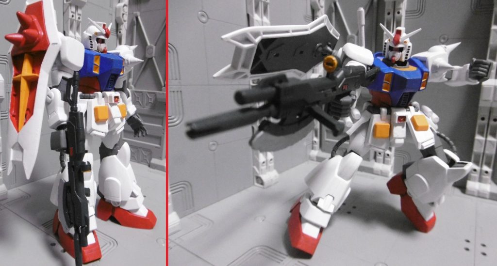 使用キット
■ＨＧ レイ専用ブレイズザクファントム
■ＨＧＵＣ ＲＸ－７８－２ガンダム（０２１番）

ザクファントムを素体に、ＨＧＵＣ最初期のガンダムパーツを接着。
「ひみつのぶき」は、忍パルスで余剰になる高エネルギービームライフル（フォースインパルスと全く同じ物）をベースに改造。ファントムのビームトマホークと合わせています。
バックパックは、ドムトルーパーのイージーウィザードに。ビームサーベルは１本のみ。本来は２本ですがザフト製の仕様を尊重

配色は近くにＭＧガンダムＶｅｒ.３.０を置き、全体的に明るめにしました。ＭＧを参考にしているため、肘・膝など一部外装の裏側も塗っています。頭部はモノアイ周りとセンサーがシール、それ以外を筆全塗装。合わせ目消しは一切していませんが、組んだ後からも塗っているので目立ち難くなっています。してしまうと修理が困難になるので、いつもやっていません。

胴体コックピット周りも初代ガンダムっぽく、ＭＳスラスター０１によるディテール追加。外見だけの要素ではありますが、もしかしたらスラスター逆噴射で後方にブッ飛んでいくのかもしれません。
モノアイはシールの方が愛嬌あってかわいく感じます