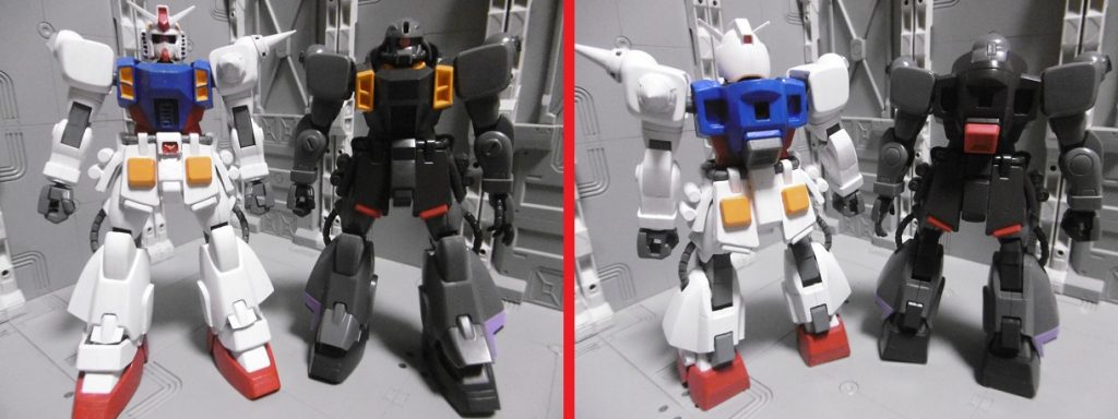 アンテナ行方不明のザクファントム素体と。
ディアッカ機側の黄橙色部分は配色ボツ版

胴体背面のフード部分は、モールドに沿って切除しました。
右肩のシールド接続用球状ポリキャップは、周りの色に合わせて半透明の物（プチッガイ余剰）と交換しています。
左肩にはＭＳスパイク０１を接着。中央のみ長い物を使いました。これはＳＥＥＤ化最初期案でのベース機だった、ザクウォーリア肩の名残から