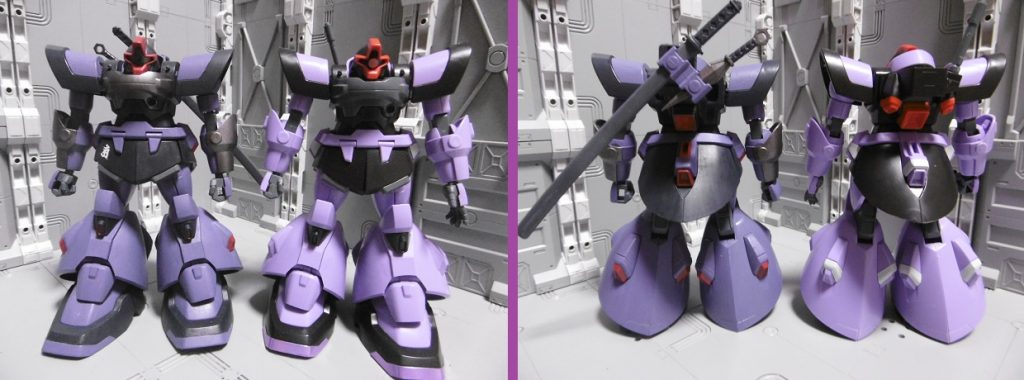 外見は素組と殆ど変わらないので、部隊に紛れての作戦行動向き。
ドムは元々忍者がモデルだったと言われるように、刀に代えてもヒートサーベル置換と認識されるため、ニンジャ疑惑はかけられます。しかし刀や苦無といった記号を避ける事で、簡単に疑惑を晴れさせられる(ドム=重装備が一般認識)メリットでもあるかと思います。バズーカの中に忍具を仕込んでいても気付かれないでしょう。そういった認識の隙間に入り込み、術をかけていくのが「陽忍・土霧斗流刃」としての任務
最初はテストタイプや試作実験機をベースに忍者化を目指すつもりでいました。が、改造の知識も技術も乏しく断念。出来ない事は無理してやらない方が良いと悟りました。