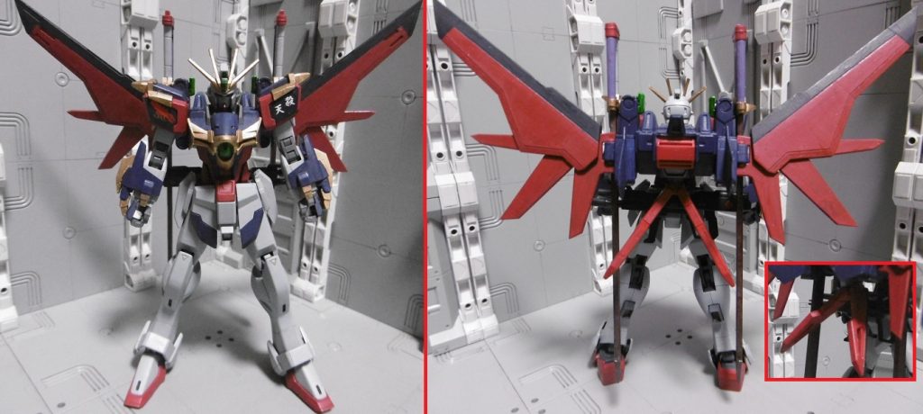 本体：フォースインパルス＋忍パルス＋ゴッドガンダム
バックパック：ビルドブースター＋ソードインパルス＋各ＨＧＢＣ

本体を號斗丸（爆熱の陣）風に、背面はデスティニー風に。
ウイングはモールドに沿って安全フラッグを落とし、先端を鋭利に。
フラッシュエッジビームブーメランはビルドブースター下に基部（上半分のみ）を接着し、スタビライザーっぽく配置しました。
接続にコアスプレンダーを介しておらず、分離・換装不可で形態固定

全体的に暗めな配色。ゴールドは上からつや消しも塗り、輝きを若干抑えています。ゴッドフィンガープロテクターは前腕部を削って接着。配色パターンも號斗丸に準じます。ウイングは内側も塗ってあり、可動させると塗膜をやられるため控えています