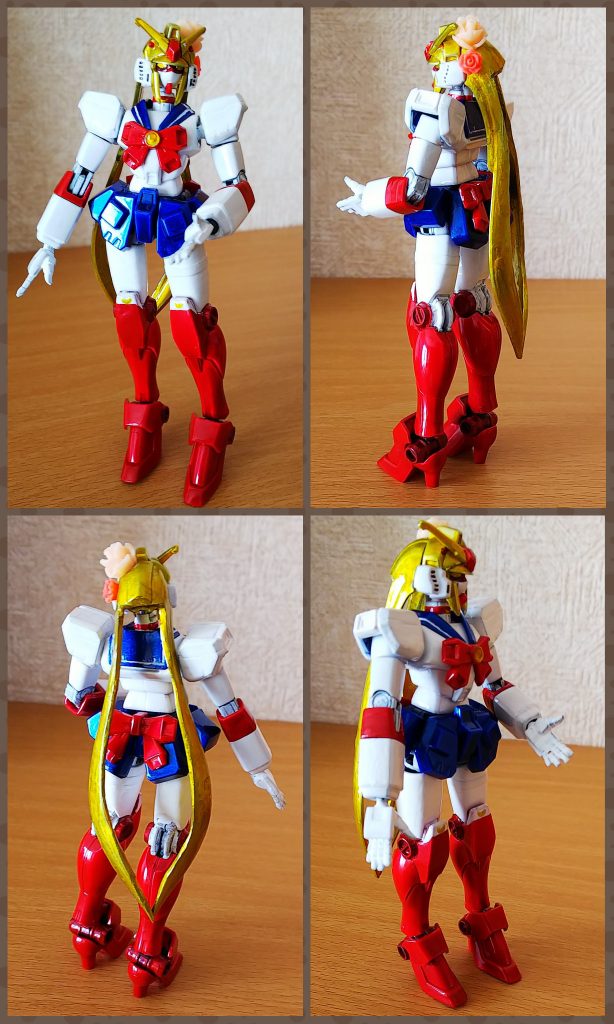 最後はわたし&セーラームーンに見立てたノーベルガンダム。
大好きなセーラームーンにするため、髪部分は大幅にカットして、ツインテールっぽくなるように!
大きくたいた後ろの首部分も違和感がないようにランナーの切れ端を使用して首を作ったのだ!!
髪部分は目立つようにキャンディー塗装。
その他の部分は、出来る限りのセーラームーンに近づけた塗装で仕上げました(*^▽^*)
ノーベルガンダム感をなくさずに、セーラームーンを再現することが出来たかな?
手作りのドレスもこちらに合わせて作成♪着脱可能に!!