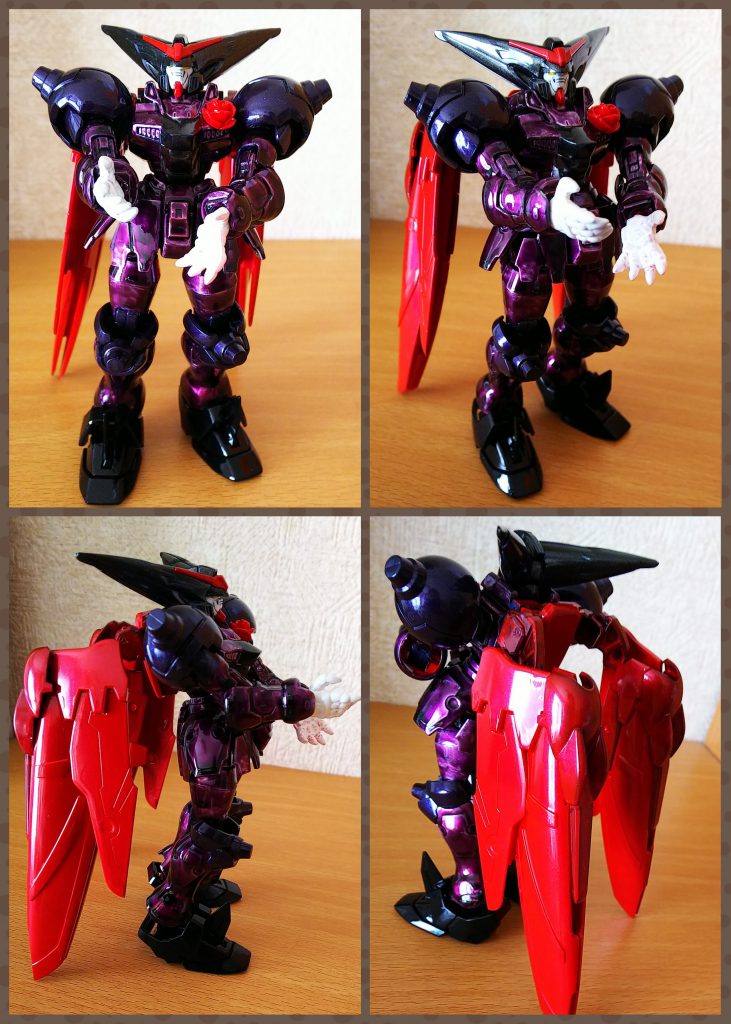 お次は旦那&タキシード仮面に見立てたマスターガンダム。
フォトウェディングのときの旦那の服装に近い色にするために、大部分をキャンディー塗装に!!
赤いバラを胸(*´∀`*)
羽?部分はマントに見立てるため、メタリックレッドに!!
顔部分は、目だけキャンディー塗装して墨入れで終わりにし、表情が明るくなるように調整。