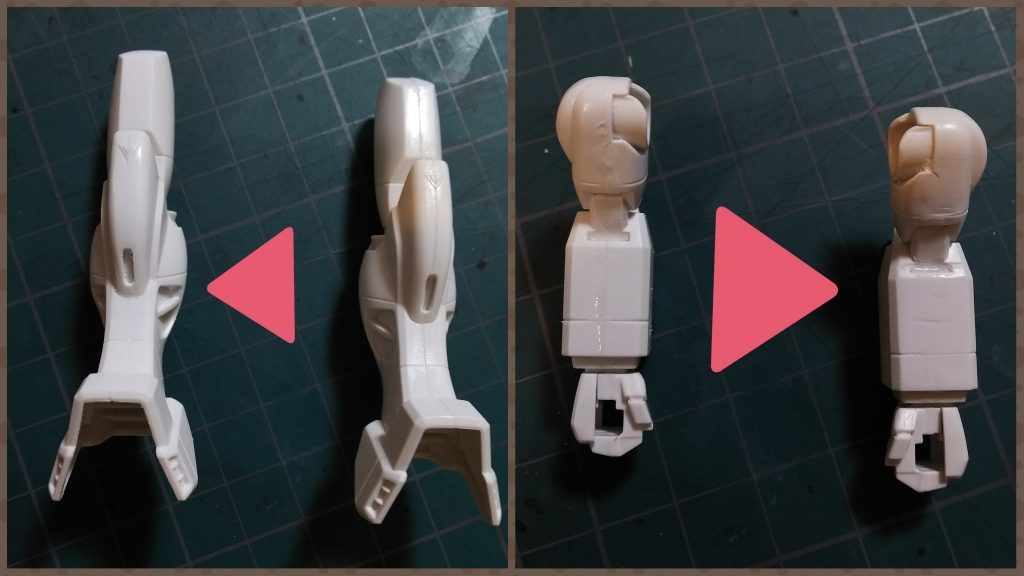 瞬間接着剤のほうは、スプレーで硬化促進するので直ぐにヤスリ出せるが、
でこぼこが多くてヤスリのに時間がかかる。
一方、溶剤は毛細管現象ですき間に流し込み、溶かしてくっつけるので、出る部分は少ないが、完全硬化まで1日ほどかかる。
ひたすらヤスリを続けて、平らにして面を出す作業。
でも、これがしっかり出来ていると、
塗装後の見栄えに反映してくる!!