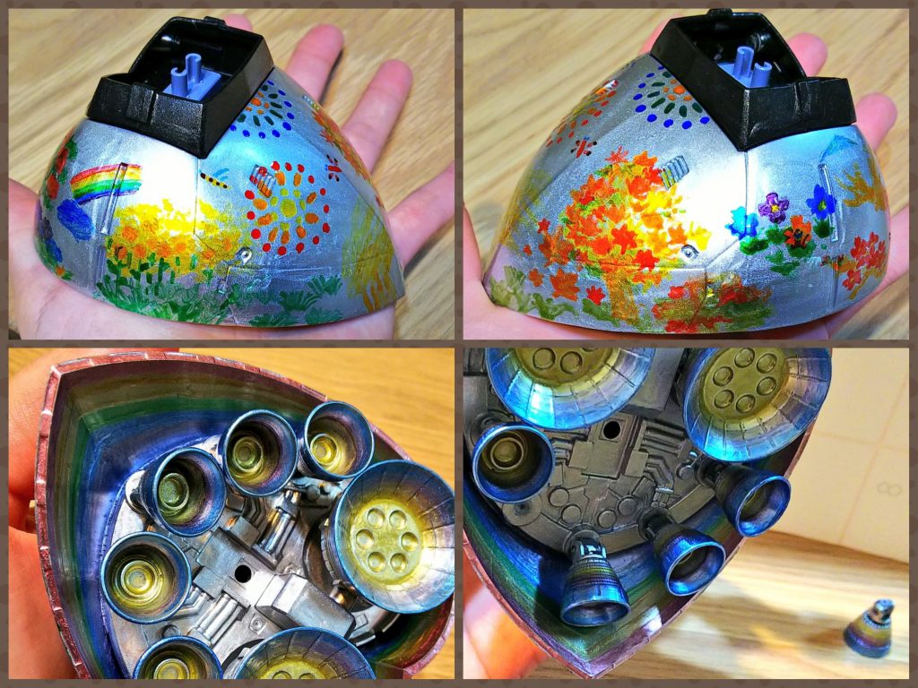 スカートとバーニア部分のアップを。
アクリジョン筆塗りでも綺麗に塗装できるよ!ってのと、頑張ったのが伝わってくれたら嬉しいです(*^-^*)
最後まで見てくださり、ありがとうございました♪