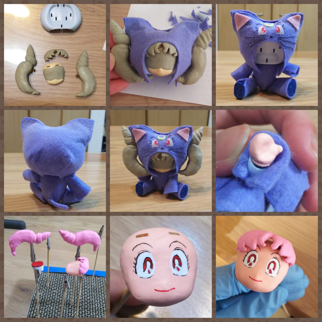 ちびアナッガイの方は、パテを盛り改修。
更に、ダイアナな着ぐるみ部分はほぼフリーハンドでフェルトを切り貼りしてみました!
手の部分は樹脂粘土で作り、アクリジョンで塗ってます。
髪の毛の部分はあえて筆跡をつけて、髪の毛っぽさを出したかったのだが、上手くいかなかった(笑)
顔は、結構頑張った!
目は特に!!!
最後にチークを入れて可愛さをプラスしてます(*^-^*)