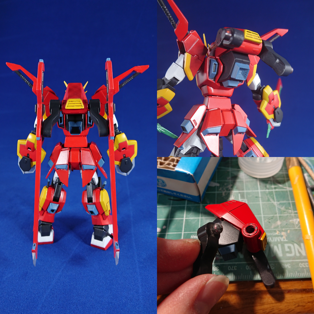 バックパックですが、バーニアをカットし、waveのUバーニア［角］Mに変更。
背部アームは肉抜き穴をパテで埋め、本体と取り付け部はくりぬいてボールジョイントに変更してあります。