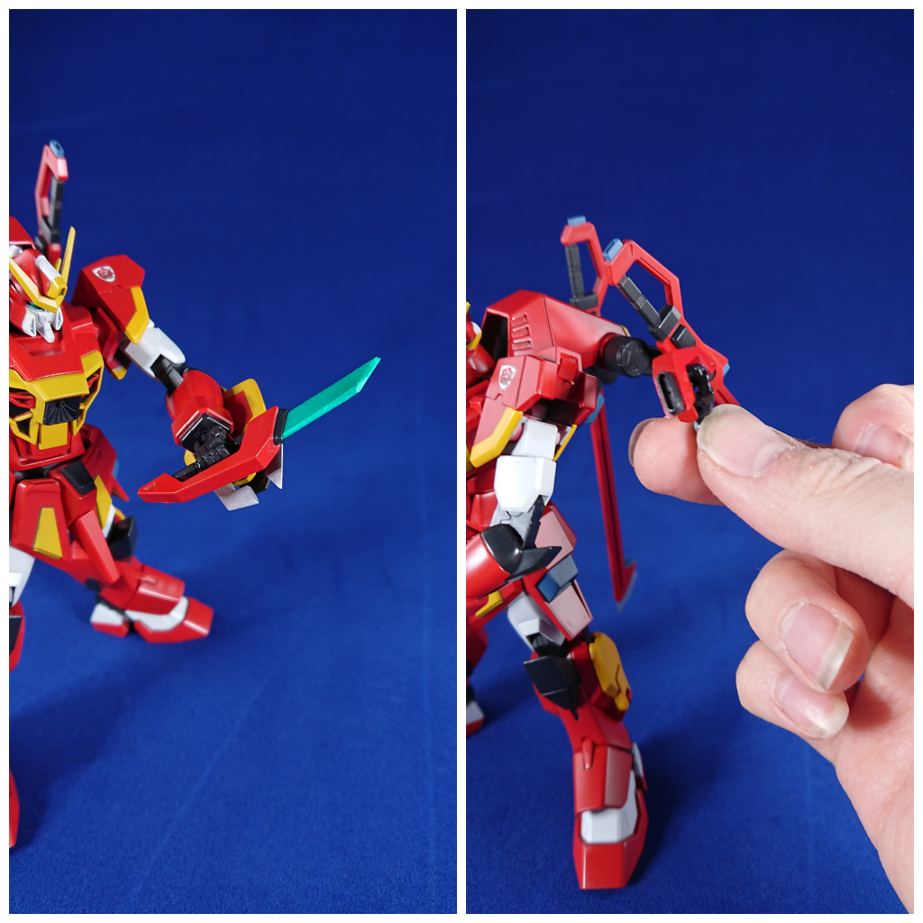両肩のマイダスメッサー、残念ながらキットではただ取り外せるだけでビーム発射口が再現されていません。
 その為、プラ板を貼り付けて形状出しを行い、ビーム発射口はコトブキヤのバーニアパーツを使用し再現してます。肩のパーツにプラ板を貼り付けてΦ0.5のシンチュウ線を通し、マイダスメッサー取り付け部を製作。
 また、1mmのプラ板でビーム刃を自作。こちらにもシンチュウ線を通し、戦闘状態を再現してます。