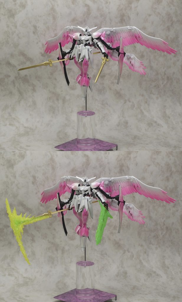 *◆天鳥船(あめのとりふね)*
他の機体と全く異なる材質で構築された翼状の装置。
飛行、浮揚、姿勢制御、
更にはスタビライザー、ランダムスレートの全て
の機能を一手に引き受ける。
材質も構造も全く解らず、不壊である。
不壊ゆえに最強の盾でもある。
 
 
翼をパージすることは基本的にはありませんが、
模型的にはパージ姿も。
背面が元のバエルよりもネイキッドになっています。