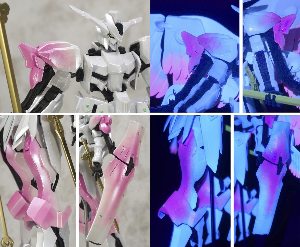 フレームも一応黒の上からガイア蛍光ブルーを超定圧で吹くことで
スパッタリング状態にして粒々塗装にして、
そこから通常発色用の粒子荒目のCCパール黄+オレンジを吹いて
ダークゴールドにしました。
通常ではダークゴールド、夜間蛍光発色では青白い粒々発光・・・
なんですが写真では解りづらいです。
 
 
 
 
 
*◆腰アーマー*
今作では一番オリジナリティのあるっぽい腰アーマー。
百万式ジャンクパーツとプラ板、関節技球体ジョイント小などで構成。
結構複雑に動きますが、必要だったのかと問われると・・・・・?