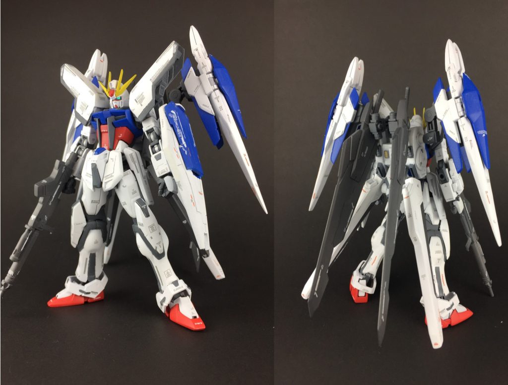 ストライクNX
ストライクNにエクスランブルストライカーを装備した形態
ニュートロンジャマーキャンセラーを搭載しているほか、下部には超高インパルス砲「アグニⅡ」、レアメタル製の巨大な大剣、「ツインブロードブレイド」を装備している
エクスランブルストライカーの基部はスクラッチで製作 バインダー部分を2mm延長、ツインブロードブレードはジンクスⅣの物の形状を変更して使用、アグニⅡはフリーダムのバラエーナの形状を変えて使用しました。