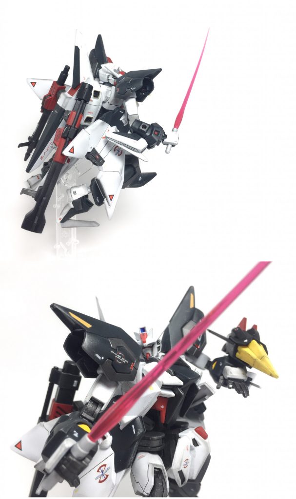 ## 攻盾システム「トリケロス」ブリッツが装備している攻防一体になった武装*「トリケロス」*を採用。50mmビームライフル、ビームサーベル、3連貫徹弾ランサーダートを装備。また50mmビームライフルの射程の短さを補う為デュエルガンダム・アサルトシュラウドに装備されていたレールガン*「シヴァ」*を上部に取り付けている。