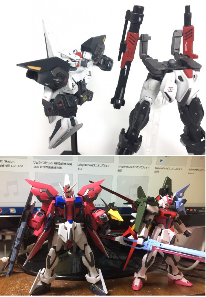 ~サフ前とか~足首をイージスに変えたり腹部にバスターの一部を仕込んだりしたので本家ストライクより頭一つ大きくなりました。関節等をHGCEストライクに差し替えたのでグリグリ動きます。あとイージス胴体の腰部は無可動でしたがぶった切ってボールジョイントを仕込みました。可動域は小さいですが、やるやらないじゃ雲泥の差(´□`;)。ってワケでパーフェクトストライクの対になるゼニスストライクを作ってみました♪自分、互角のライバル対決とか因縁の対決とか大好物なので已む無しです(笑)パーフェクトがエール、ソード、ランチャーの良いとこ取りなので対抗してバスター、ブリッツ、イージスの良いとこ取りです。デュエルは…取るとこ何もない( ;∀;)まぁG兵器の母体になったMSだからいいか。シヴァだけ貰おう(笑)一応デュエルの戦闘データは活かされているという設定です。パーフェクトストライクをムウ専用に塗り替える…ならライバル機も欲しい!もちろん相手は因縁のクルーゼしかない。でもジンやゲイツでは役不足。プロヴィデンスじゃ逆に強すぎる。イージスやバスターのパイロットはアスランやディアッカ以外ないよなぁ…ムウVSクルーゼはせっかくの因縁対決なのに本編ではパワーバランスが悪くてモヤモヤしてたんですよね(pleading)無いなら妄想だー!じゃあストライクも強奪されたらいいんじゃね!?という事でこんなifになりました。今回も2作品続けてですが、ここまで誇大妄想に付き合っていただき感謝します!!