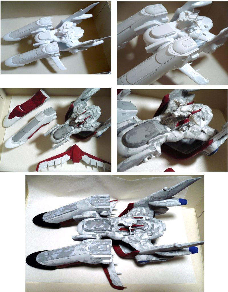 塗装の様子です。今回は撮影枚数が少ないです…

上段・素組み、仮組み状態です。工程はゲート処理に合わせ目消しです。

中段・一気に作業が進んでおりますが、各部に色を塗りました。
　　　本体の白部分にグレーを入れて様子見している段階です。

下段・更に作業が進んでおります。進行状況は７０％くらいです。
　　　塗る場所が無くなってくると塗装作業に飽きてくるので
　　　それが作業の止め時…いえ、完成形です。

最後までご覧いただきありがとうございました。　　　　　