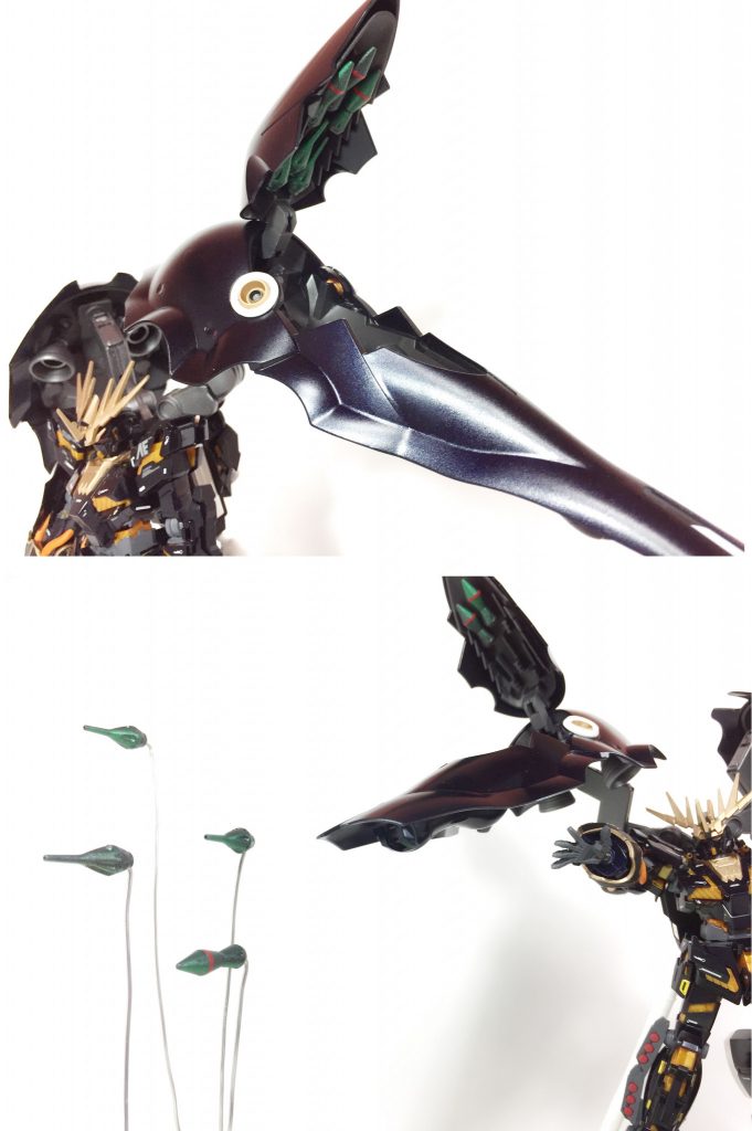 ## ファンネル&ファンネルミサイル
以前にユニコーン戦で全損したクシャトリヤのファンネルだが、ガランシェールに予備があった為、再度搭載している。残りの枠は新たに改造したファンネルミサイルを装備している。
(やはりファンネルは宇宙世紀兵器のロマンですよね!)
こうしてクシャトリヤの特性を盛り込んでパワーアップしたバンシィではあるが、
ユニコーンガンダム1号機の過多武装による最終決戦仕様に合わせバンシィにも追加武装による最終決戦仕様が用意された。