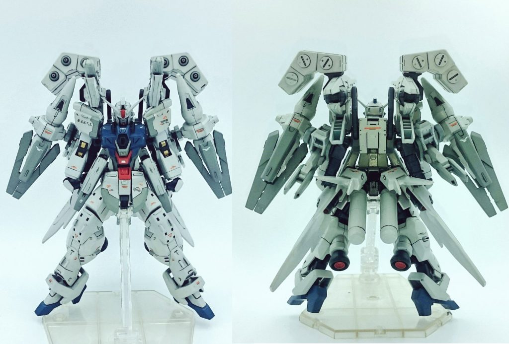 【DLフロント&リア】
Dリンドレイの正面と背面になります。
バックパックのDLシルエットは主にカスタムウェポンセットとアームアームズ、バリスティックウェポン等のパーツを組み合わせています。
そこそこの重さになりますが各部キツめに調整しているので本体が重さに耐えられずバラける…ということはありません。