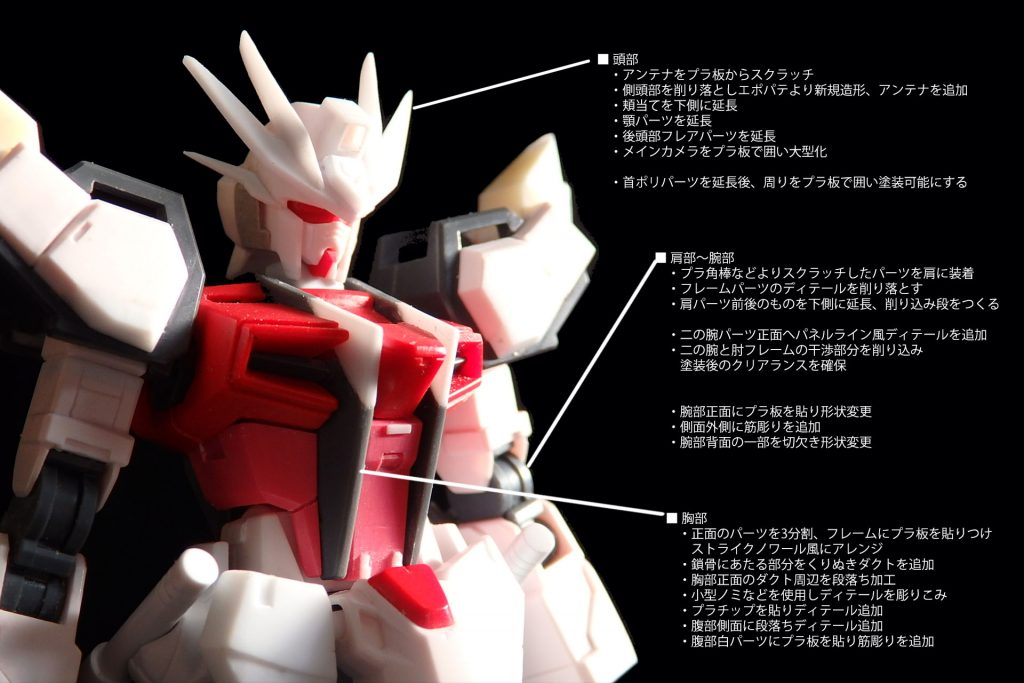 ストライク上半身の工作箇所を中心に挙げています。それより他の工作箇所・内容などにつきましてはこちらからご覧ください。(ツイッタ―へのリンクになります)https://twitter.com/gunsta_official/status/1076104283190308867
~COLORING DATA~
装甲白=クールホワイト(C)+MSホワイト(C)装甲グレー=グレーFS36270(C)青=コバルトブルー(C)+パープル(C)+色ノ源マゼンタ(C)+色ノ源シアン(C)+クールホワイト(C)黄=RLM04イエロー(C)フレームグレー=メカニカルサーフェイサー LIGHT(G)ツインアイ=青竹色(C)
ネクストストライカー黒=ティターンズブルー1(C)ネクストストライカー青=ティターンズブルー2(C)
ライフル白=スチールホワイト(G)ライフルグレー=メカニカルサーフェイサー SUPER HEAVY
~製作秘話(?)~
このガンプラの基となったストライクルージュは当初SEEDコンテストに参加するために購入したものではありませんでした。それが偶然SEEDコンテストと重なり、じゃあこれで参加してみようか! ということになった次第です。2018年12月下旬から製作を始めたものの、年末ごろに風邪をひいてしまい1月の半ばまで体調不良が続いていました。そのせいもあってかどうか、製作の手が思うように進まず、モチベーションを保ち続けることもできずで苦い思いをしていました。
ストライクで参加するにあたり、より強いオリジナリティを打ち出していくためにストライカーパックをスクラッチしていこうと決めたのが今回のテーマの1つです。これには自分の未熟なスクラッチ技術を磨きたいという狙いもありました。本当は全てのパーツをスクラッチしたかったのですが、半ば力尽きビルダーズパーツのものを採用することにしました。けれどそれが功を奏したのか、最終的にはとてもいいものが出来上がったと思っています。ボリュームがあるせいで撮影が難しく、皆さんにかっこよさが上手く伝えられているのかどうか正直自信が持てていない心境でもあります^^;いかがでしょうか……?
SEEDコンテストが開催されなければここまで大きなスクラッチをしていたかどうかはわかりません。挑戦しようと思い、挫折や苦労を味わいながらも完成させることができたのも他のコンテスト参加者である皆さんの存在、力作、そして締切があったからこそだと思います。
滑り込みのような時期にはなりましたが、完成させられて本当に良かったです!
今回のコンテストではどんな作品が予選を通過し、また優勝するのか、それが今から楽しみですね。
ここまでご覧いただき、本当にありがとうございました!それでは次回の投稿にてまた皆さんとお会いできることを祈りつつ――(gandam-hand2)