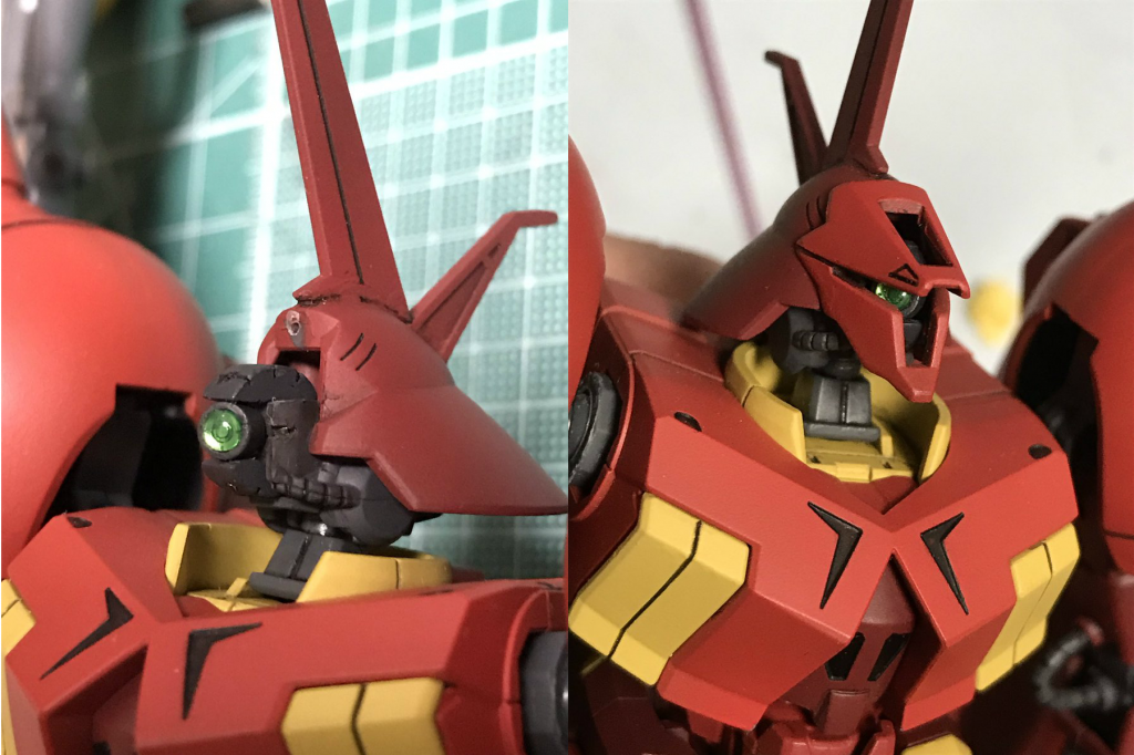 モノアイはプラパイプを組み合わせて金属線で軸打ちし、上下左右自由に可動。
HアイズとHIQステンレスシールで、アニメのシーンにもあるモノアイ内部のディテールを完全再現。
おそらくこれを再現したのも自分が初めてだと思うのでこれも自慢します