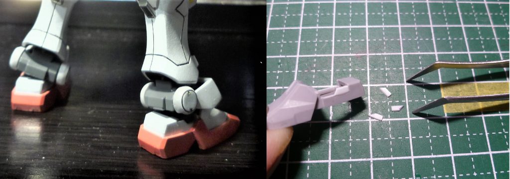 ホビージャパンの作例で「くるぶし部分をプラ板で覆って」と言うのがあり、それを参考に、ちょい見せチラリズムな形状に。