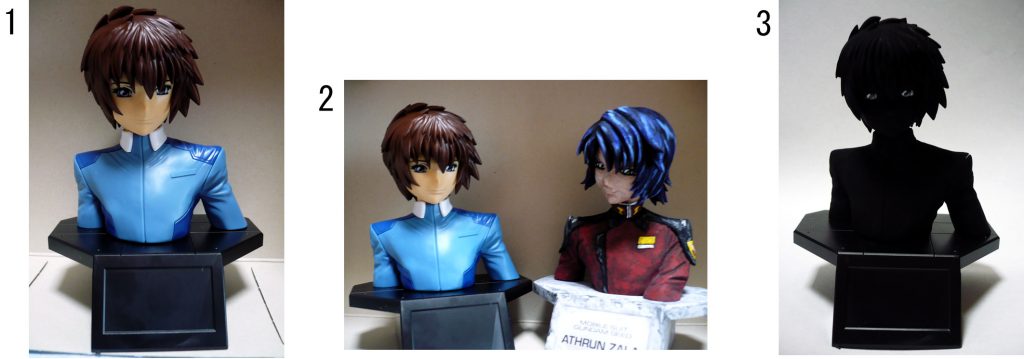 塗装の過程です。

１・仮組み状態です。ゲート処理、パーティングラインを消しただけです。

２・仮組みのキラとアスランを並べてみました。
　　この時点では割と真っ当な姿です。

３・アクリルガッシュの黒で下地塗装を行いました。
　　この姿を「ディ●ッカ」と呼ぶ…
　　そんな大人は修正してやる！(*´∀`)=o)ﾟД`)･;:’