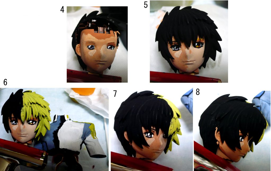 ４・髪を取り付ける前に顔の塗装を行いました。
　　顔の影はアニメ塗りです。

５・顔の塗装を完成させて髪パーツを取り付けてみました。
　　キラ側はキットと大差ありませんが、若干瞳を大きくしております。
　　カガリ側はキラよりも瞳を更に大きく、まつ毛を長めにして
　　瞳の中の白ハイライトも大きくしました。

６・髪とボディを基本色で色分け塗装してみました。
　　だいぶ…異質の見た目になってきました。

７～８・角度を変えたらシンっぽく見えるのかな～と試してみました。
　　キラの頭部とアスランの胴体を使って改造したら
　　シン・アスカが作れそうです。やりませんけど…