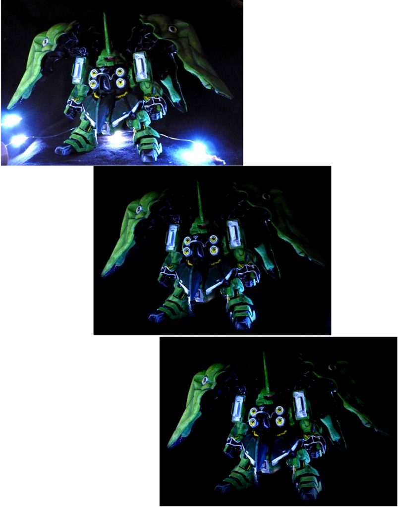 試しに光源を消してみました。
上段・ＬＥＤライト設置状態の撮影
中段・ＬＥＤライトを画像加工で消した状態
下段・下側２方向から影グラデ加工した状態です。